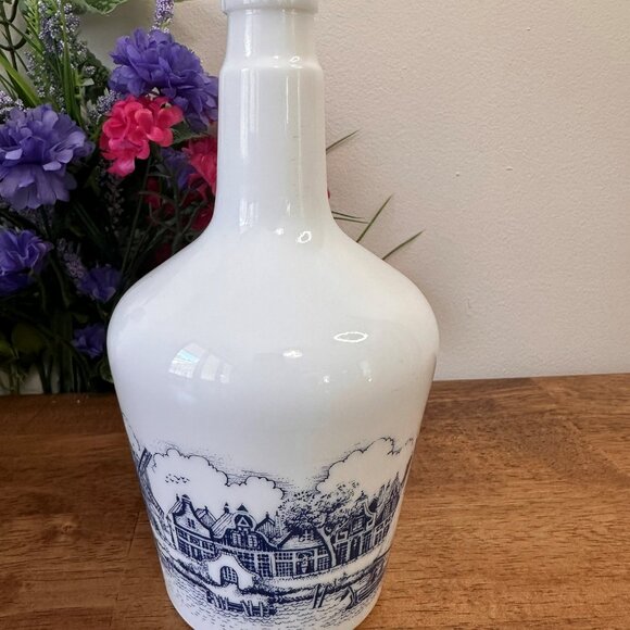 Vintage Milk Glass Bottle Dutch Canal Scene Blue Transferware Bar Decor - Picture 1 of 6